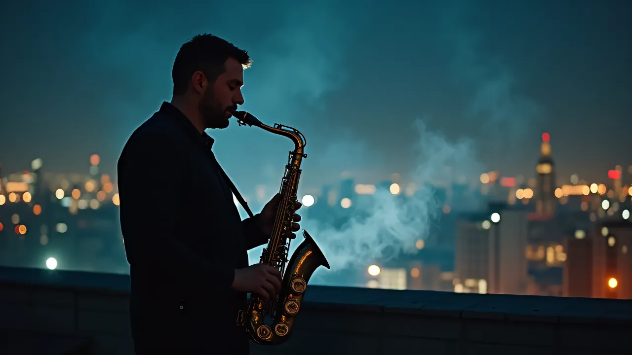 A man plays a saxophone on a city rooftop at night with smoke and rim lighting.