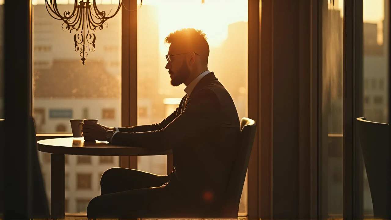 A man enjoys a coffee next to a large glasspane in soft afternoon light.