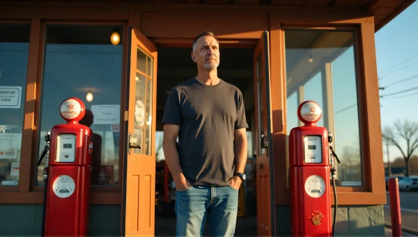 Man Profile In Doorway Of Vintage Pump Store