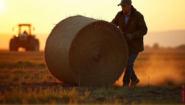 Man Pushing Hay Bale Across Muddy Field At Sunset