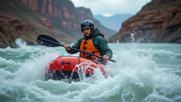 Man Rafting Through Whitewater Rapids Adventure