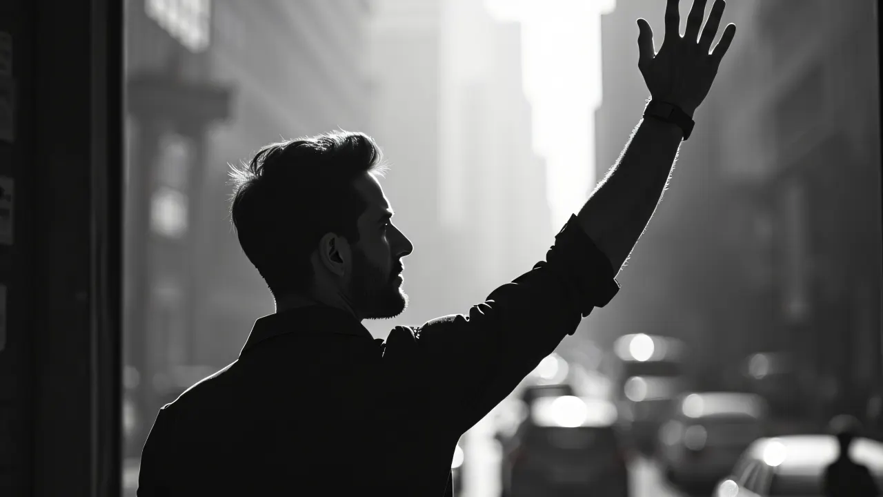 Black and white portrait of a man raising his hand against an urban backdrop.