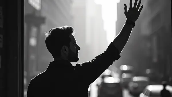 Man Raising Hand Urban Portrait Black White