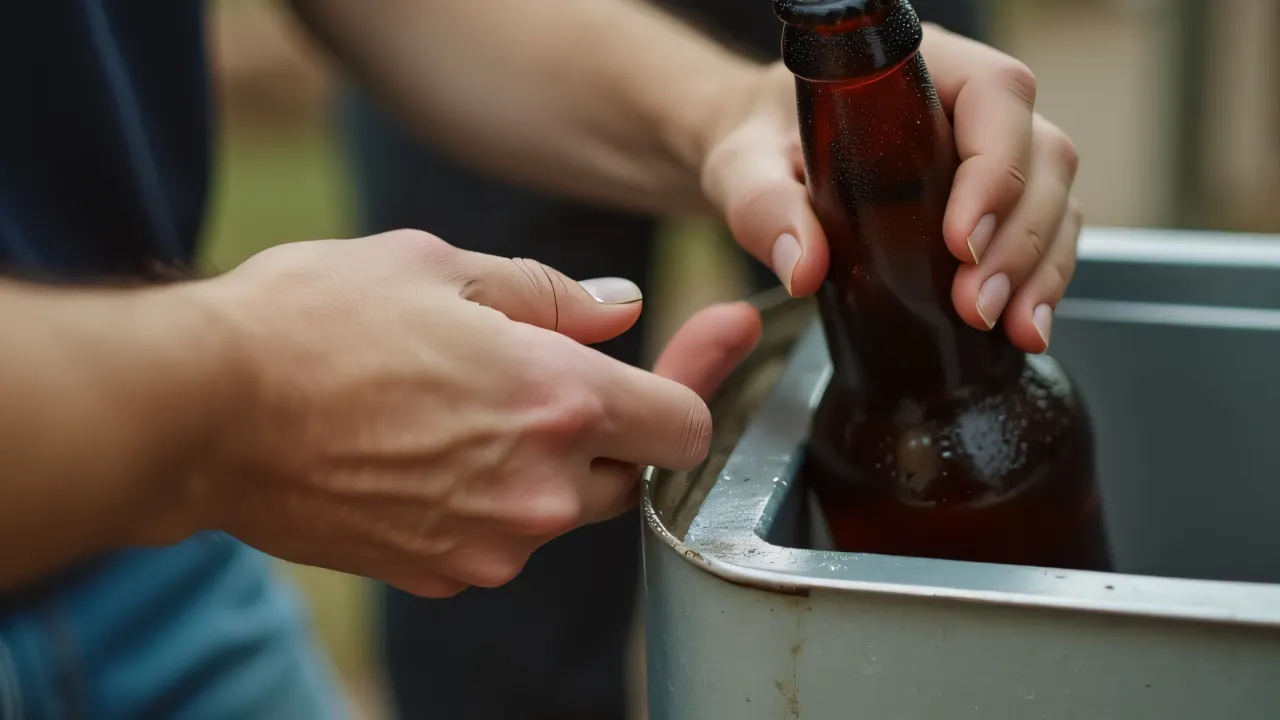 A man's hand lifting a cold beer bottle from a cooler.