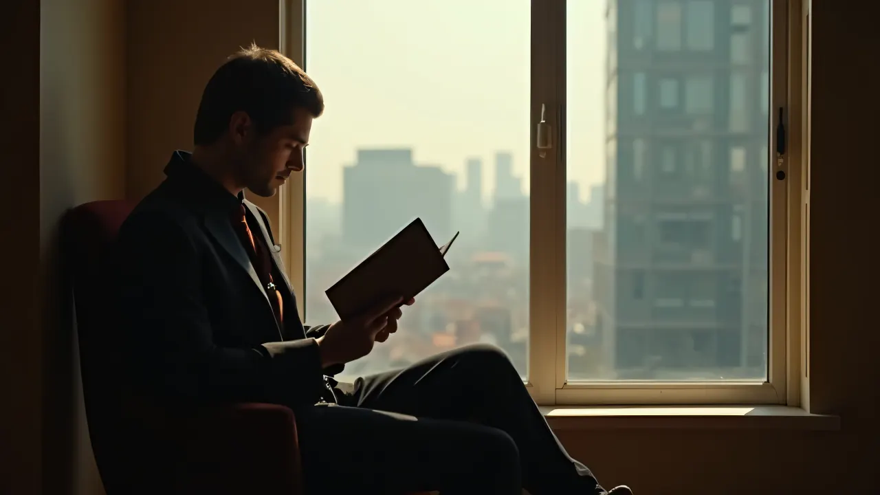 A man enjoys reading a hardcover book by a tall window in a warm indoor setting.