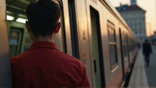 Man In Red Shirt By Train Doorway At Evening