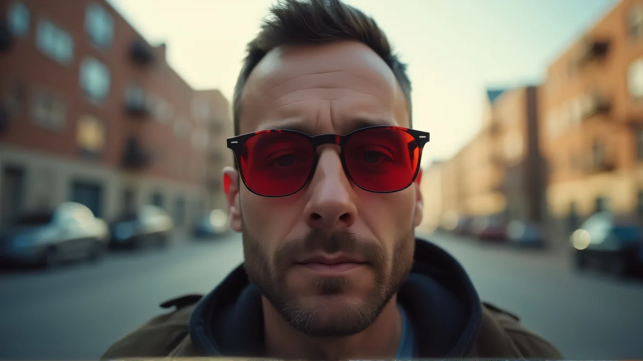 A man with red sunglasses poses against a blurred urban backdrop.
