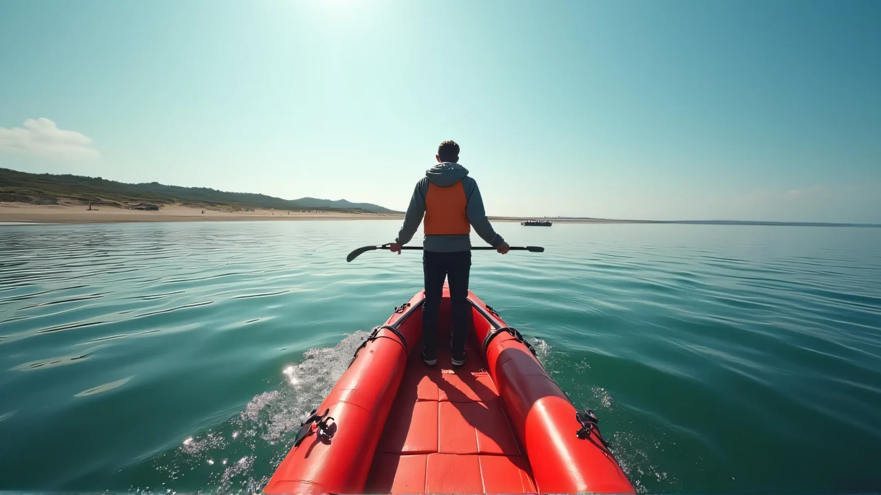A man stands on a small red watercraft, enjoying a calm day on the water.