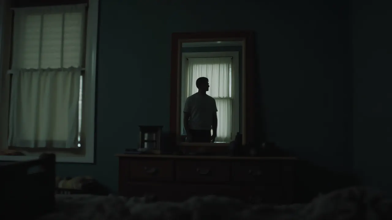 A man stands in front of a mirror in a dimly lit bedroom, reflecting on himself amidst a cluttered dresser.