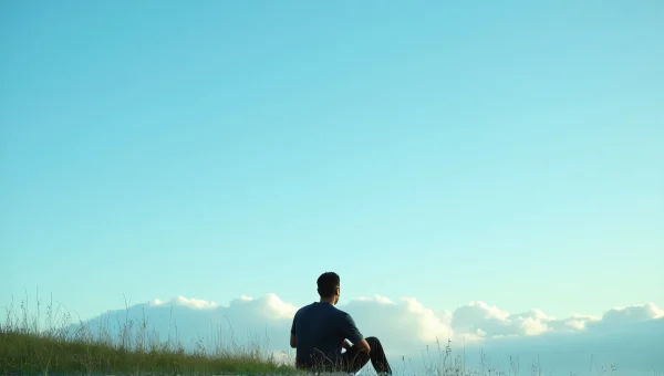 Man Reflecting Under Blue Sky on Grassy Hill