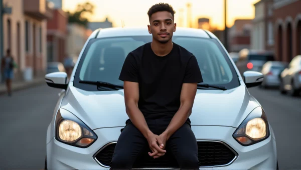 Man Relaxed on Ford Car Hood Urban Dusk