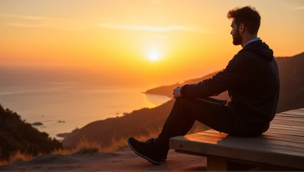 Man Relaxing at Sunset Over Ocean and Hills