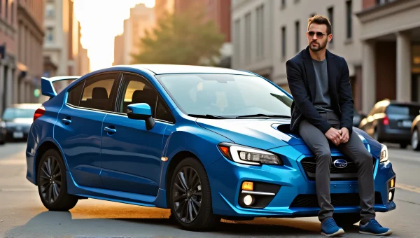 Man Relaxing on Blue Subaru Hatchback in Urban Setting
