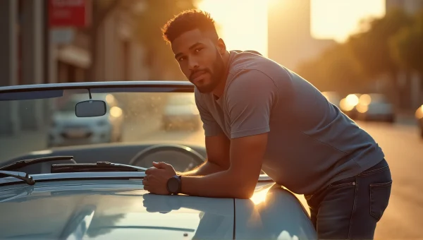 Man Relaxing by Convertible Coupe Urban Scene