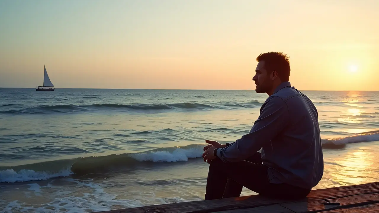 A man sits peacefully on a weathered jetty by the sea at dusk.
