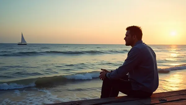 Man Relaxing by the Sea at Dusk on Jetty