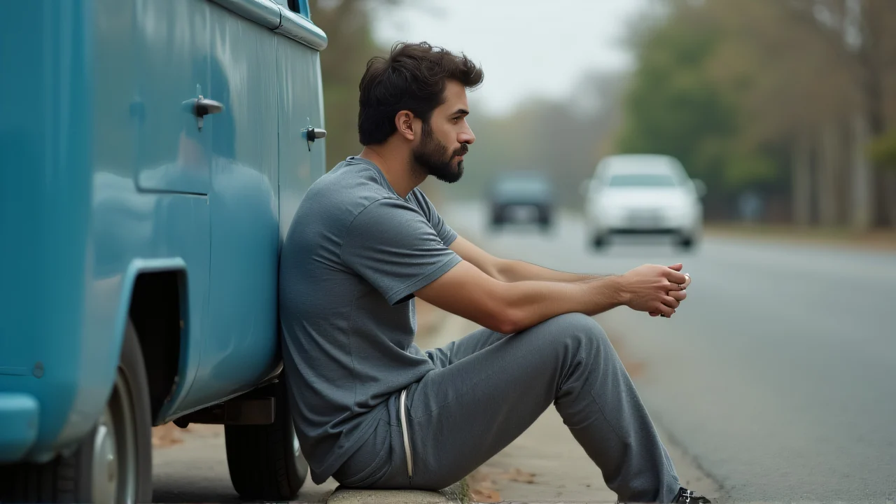 A man sits on a curb next to a vintage blue car, dressed in grey casual wear under soft light.