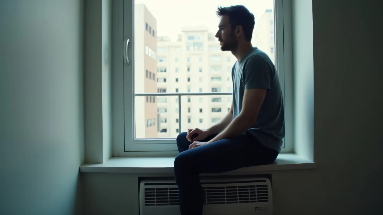 A man seated on an air conditioner unit beside a window in an urban apartment.