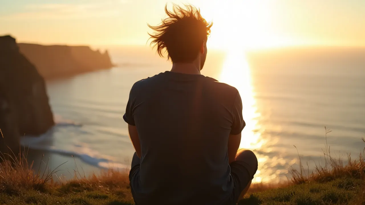 A man sits on grass by a cliff, facing the sea at sunset with a gentle breeze.