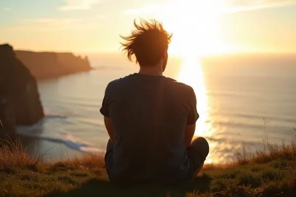 Man Relaxing on Grass by Cliff with Sea View