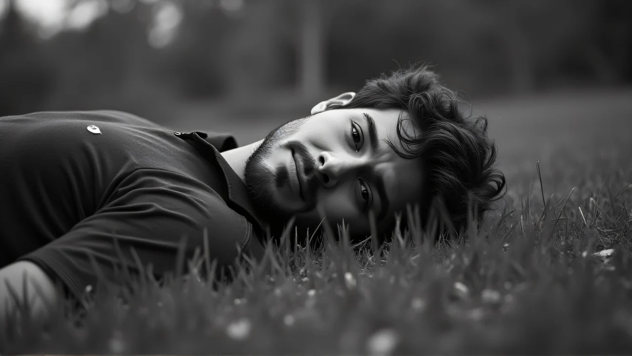 A grayscale image of a man lying on grass surrounded by natural litter.