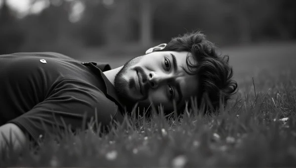 Man Relaxing on Grass in Grayscale image
