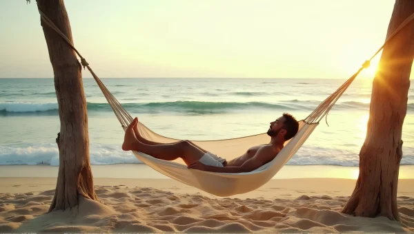 Man Relaxing in Hammock on Sandy Beach at Sunset
