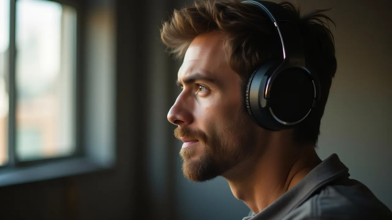 Close-up portrait of a man in headphones enjoying music in a cozy urban loft.