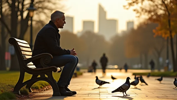 Man Relaxing on Park Bench with Pigeons Nearby