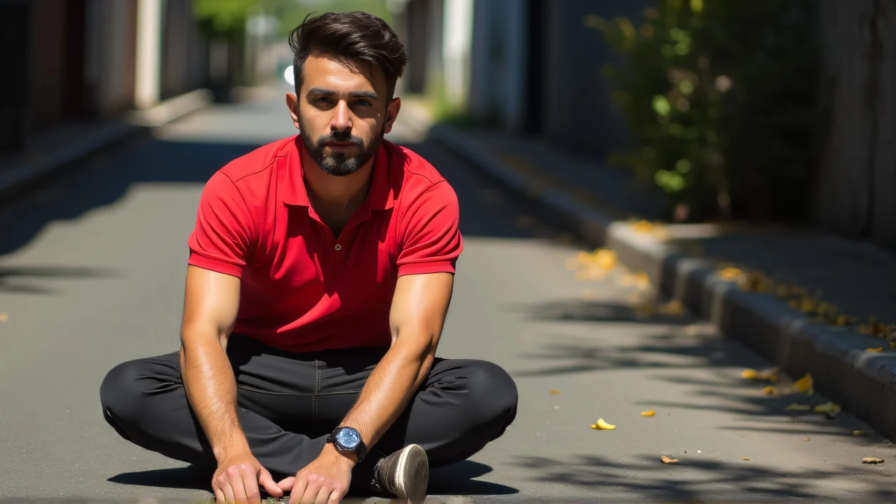A man in a red polo shirt sits on the concrete ground, knees drawn up, in a sunny urban alley.