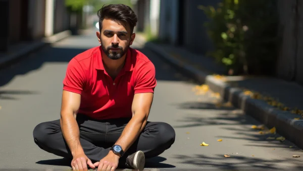 Man Relaxing in Red Polo Shirt in Urban Alley