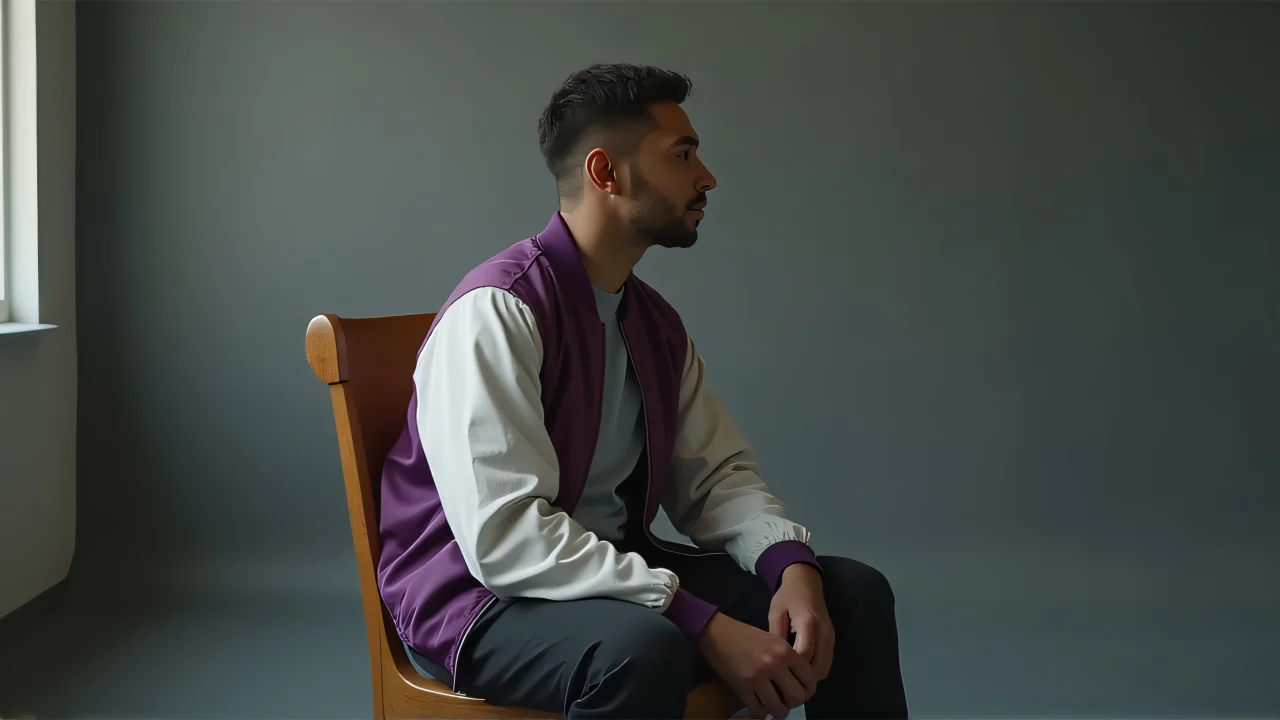 A man in a white and purple jacket sits casually on a chair, illuminated by soft window light.
