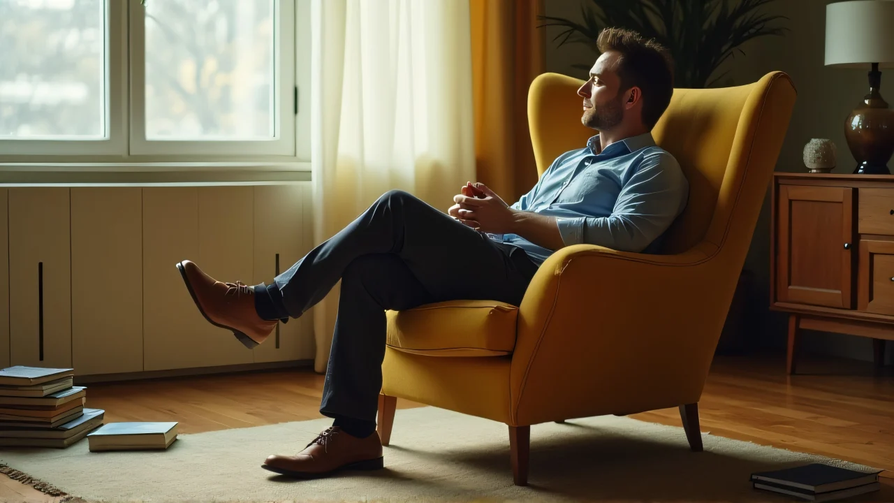 A man sits comfortably in a sunlit yellow armchair surrounded by books in a cozy living room.