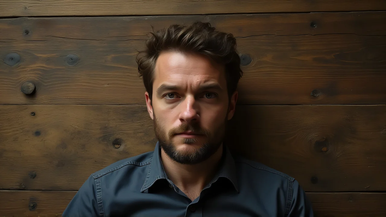 A man lies on a weathered wooden board under soft lighting.