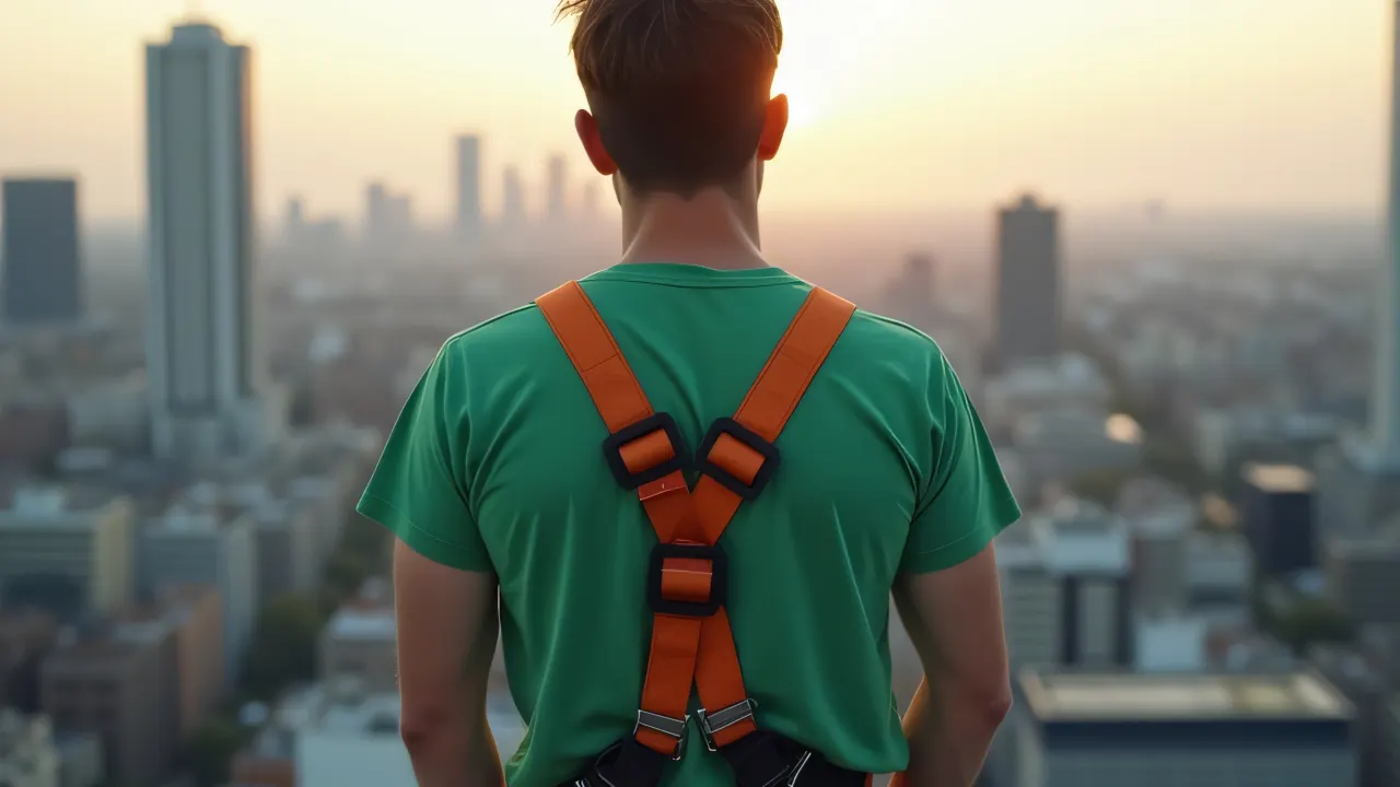 A man in a green T-shirt stands on a rooftop edge wearing a safety harness with a city skyline in the background.