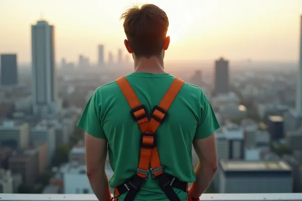 Man in Safety Harness on Rooftop at Dusk