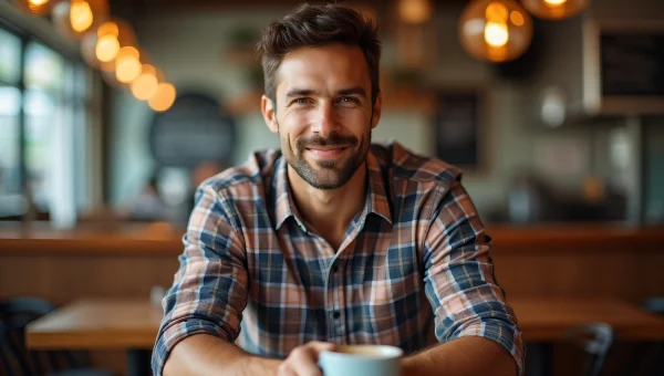 Man Seated at Café Table in Plaid Shirt