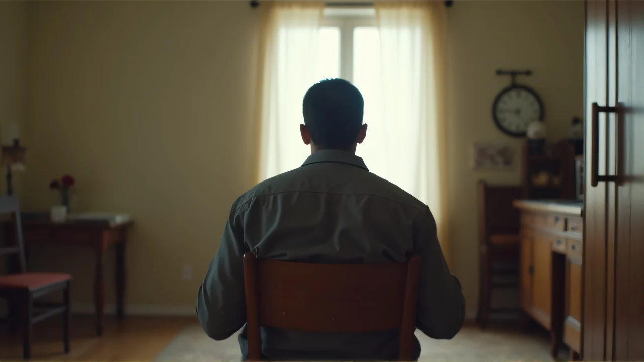 A man sits on a wooden chair, facing a window in a minimally decorated room.