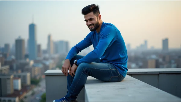 Man Seated on Concrete Edge with City Skyline