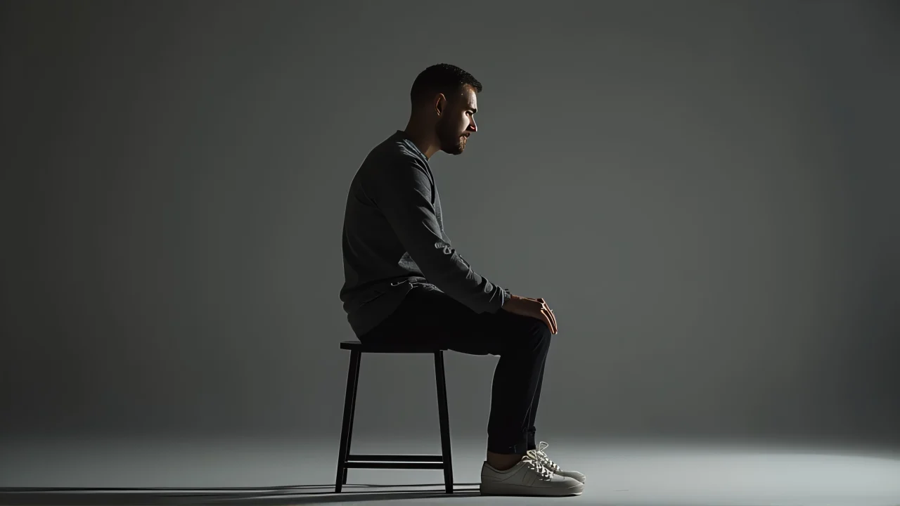 A man seated on a black stool in a studio setting, softly lit from the left.