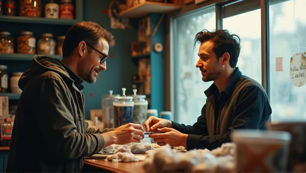 Man Shopping at Cluttered Counter with Shopkeeper