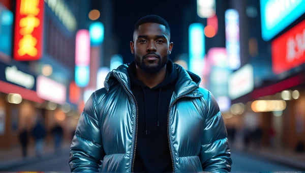 Man in Silver Jacket Under Neon City Lights