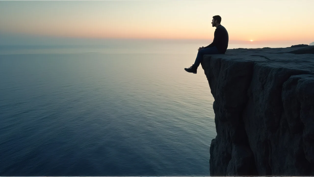 A man sits on a cliff edge, gazing at the sea during dusk.