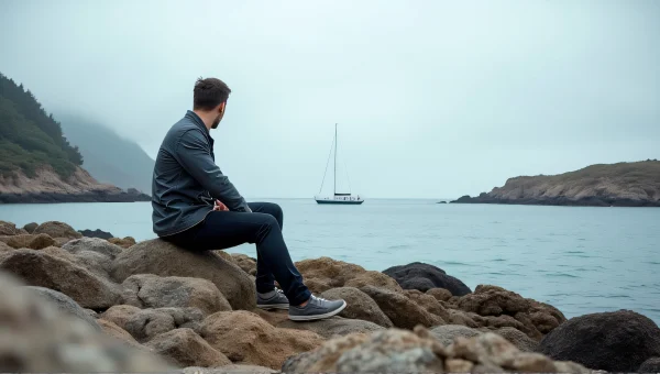 Man Sitting on Coastal Rocks by Calm Bay