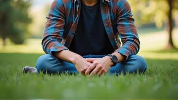 Man Sitting on Grass in Plaid Shirt Relaxed Pose