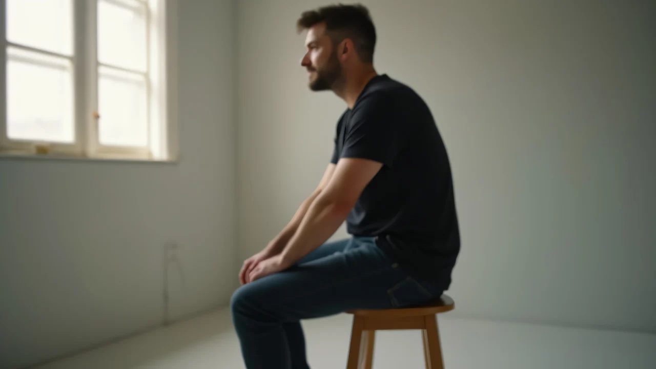 A man in a black shirt poses naturally on a wooden stool under soft window light.