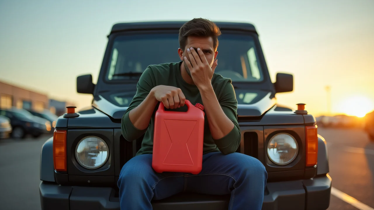 A man covering his face with a hand, sitting on an SUV hood while holding a jerrycan.