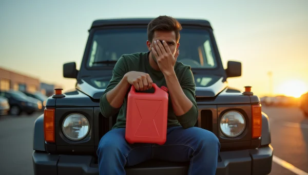 Man Sitting on SUV Hood with Jerrycan in Lot