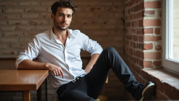 Man Sitting On Table By Brick Wall