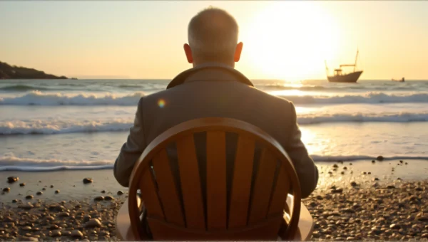 Man Sitting Wooden Chair Tidal Shoreline Sunset